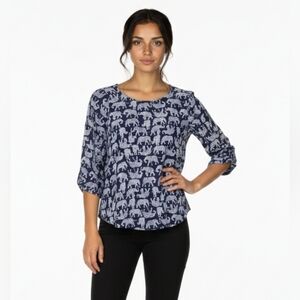 Elephant Print Navy Blue Women's Blouse Top SIZE XS